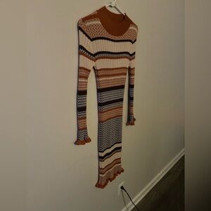 Striped Knit Sweater Midi Dress | Rust, Cream & Black | Cozy Fall Knit Dress